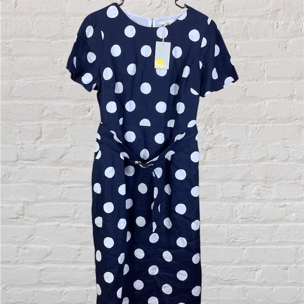 Boden Dress Women's Size 10R Blue Polka Dots Linen NWT